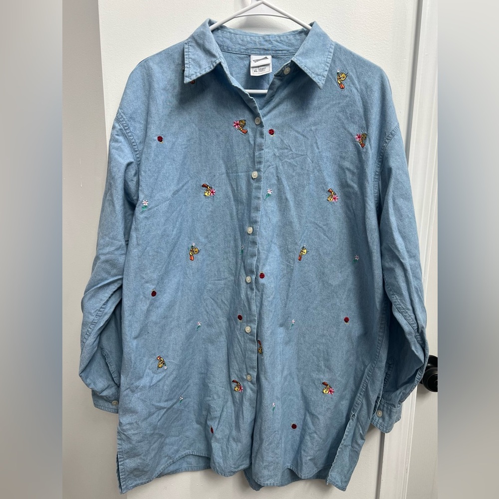 VINTAGE 90s Warner Bro Studios Tweety Bird Demin Button Up Womens Size XL